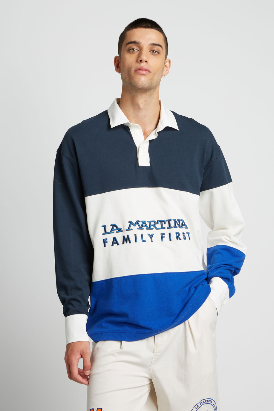 Polo da uomo a maniche lunghe in piqué modello over - Family First x La Martina | La Martina - Official Online Shop