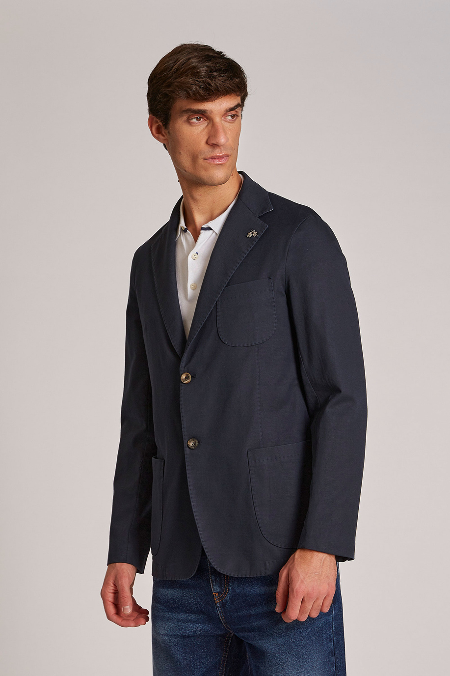 Chaqueta de hombre de mezcla de algodón y lino, modelo blazer, corte regular - Essential | La Martina - Official Online Shop
