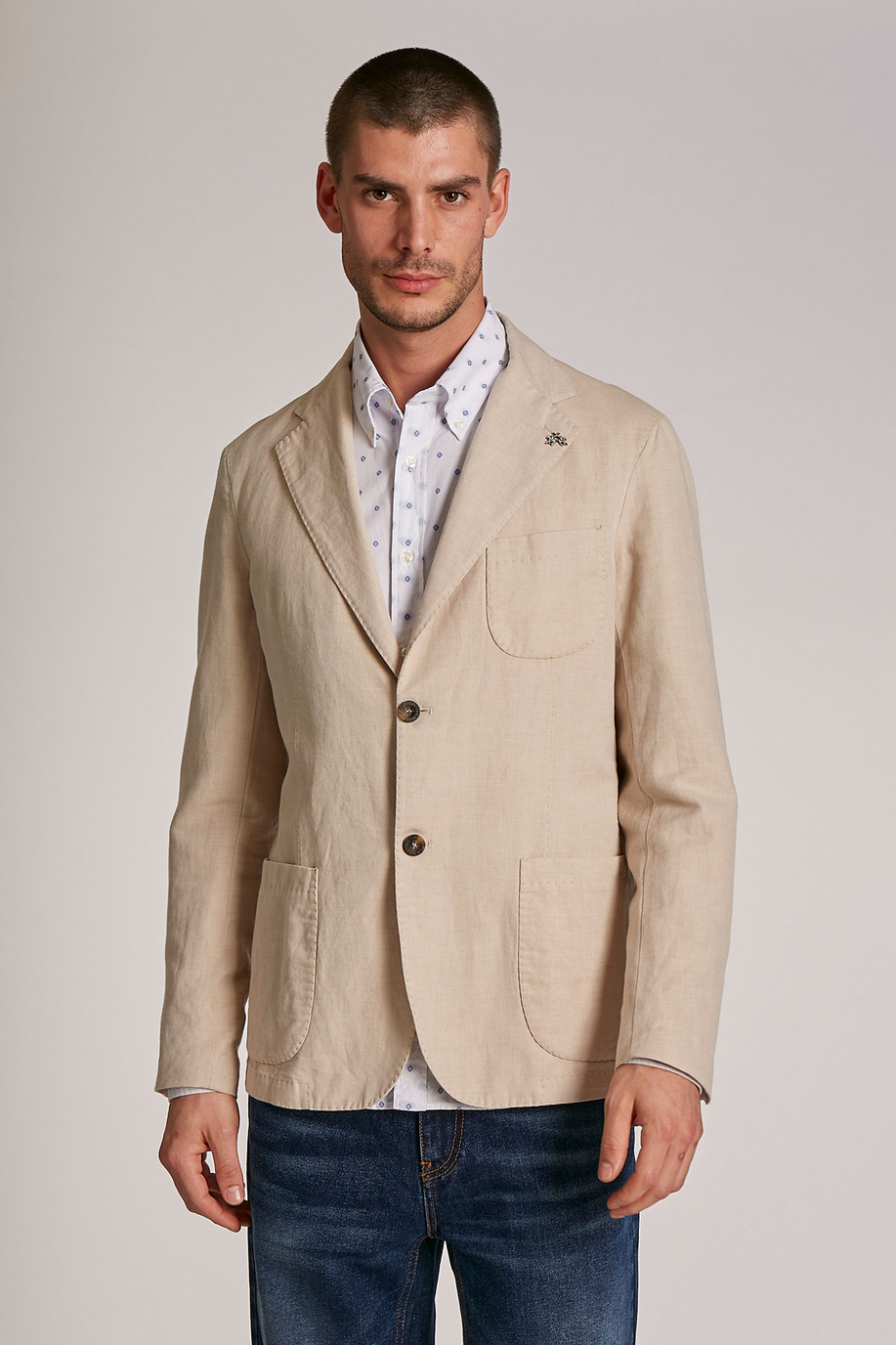 Men's regular-fit cotton and linen-blend blazer jacket - Outerwear and Jackets | La Martina - Official Online Shop