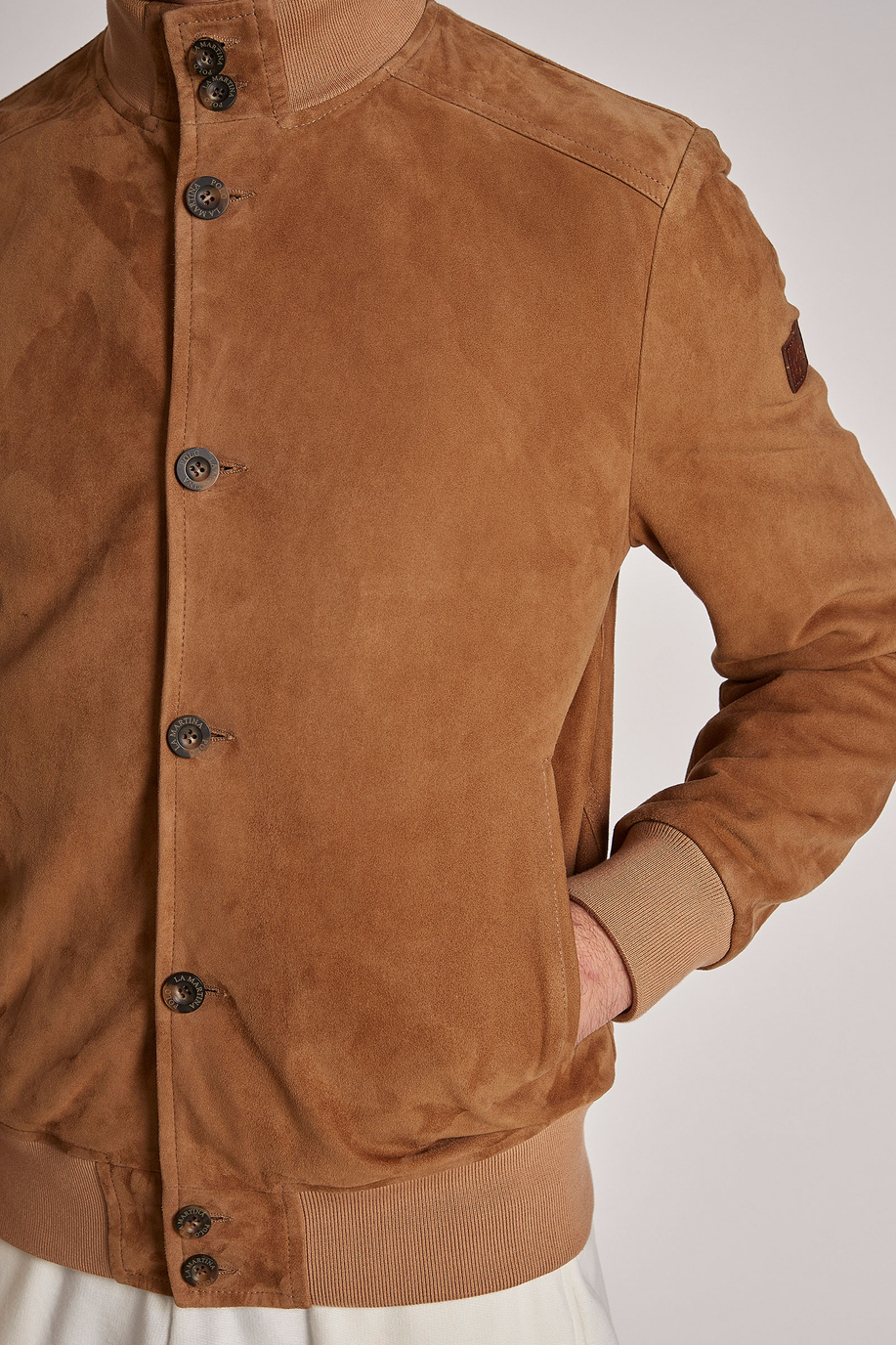Men's button-up suede bomber jacket