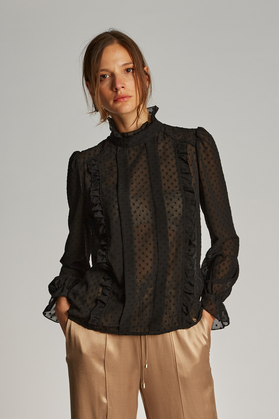 Women's long-sleeved blouse in semi-transparent-look plumetis fabric