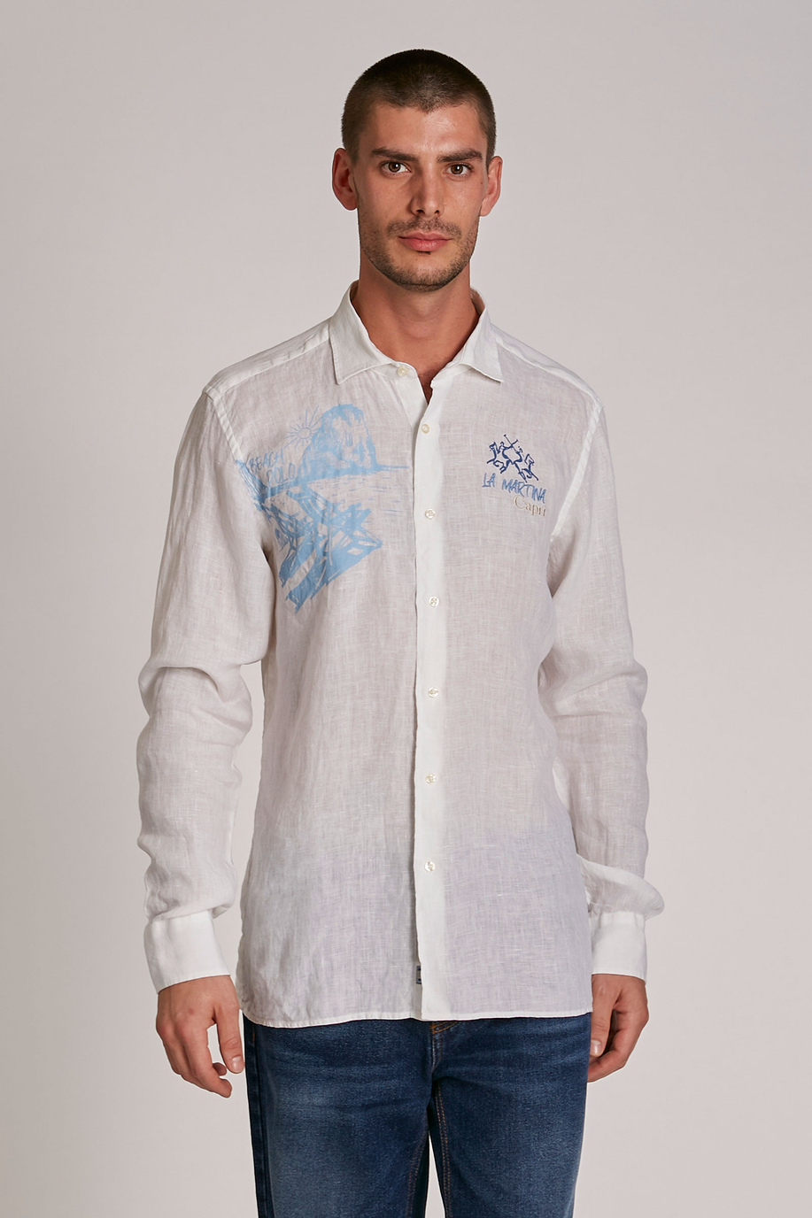 Men's long-sleeved regular-fit linen shirt - Shirts | La Martina - Official Online Shop