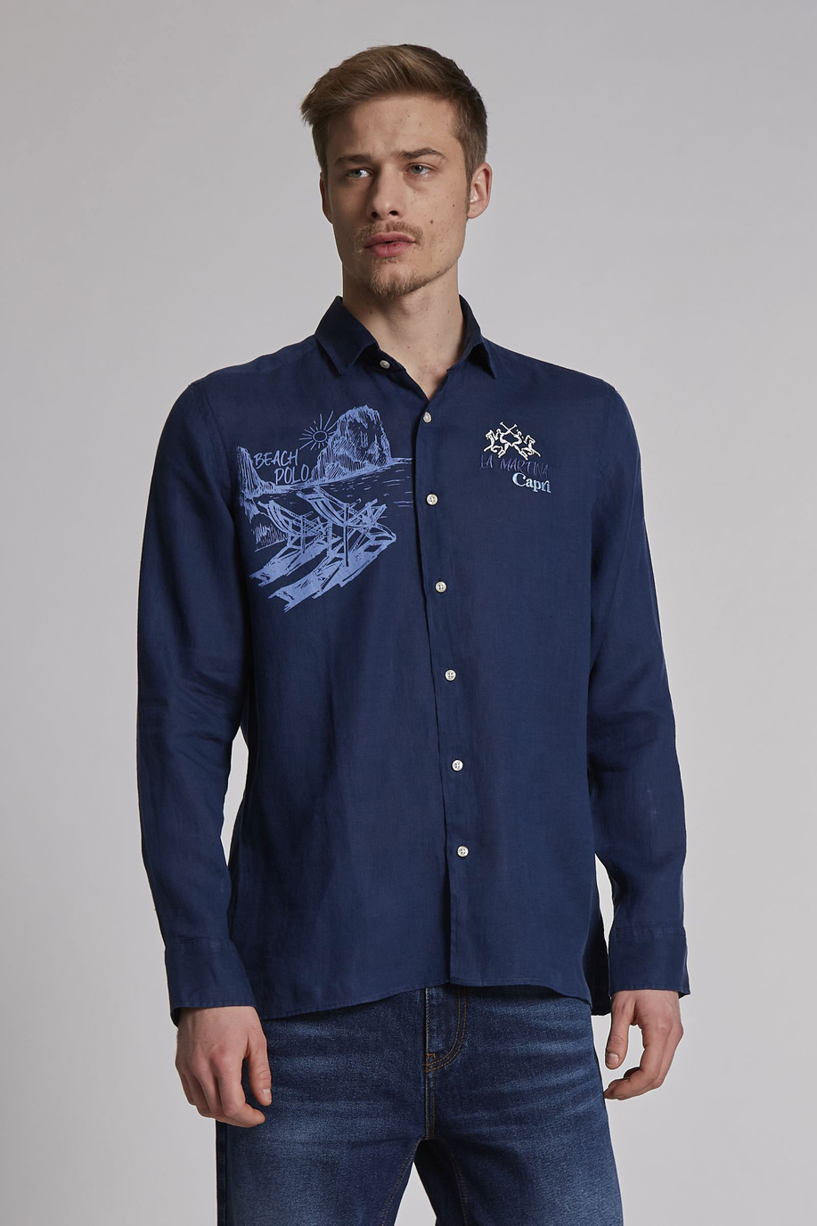 Chemise homme en lin à manches longues et coupe classique - Chemises | La Martina - Official Online Shop