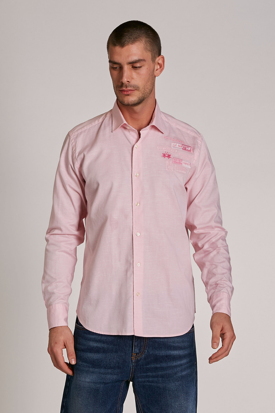 Men's long-sleeved regular-fit cotton shirt - -30% | step 3 | us | La Martina - Official Online Shop