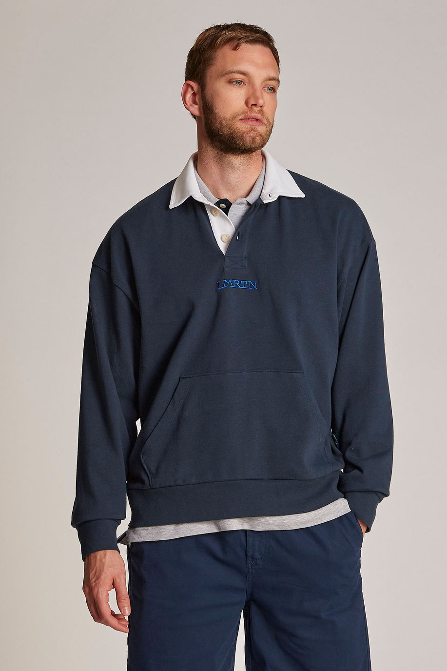 Herren-Sweatshirt aus 100 % Baumwolle mit einem Kragen in Kontrastoptik, oversized Modell - Inspiration | La Martina - Official Online Shop