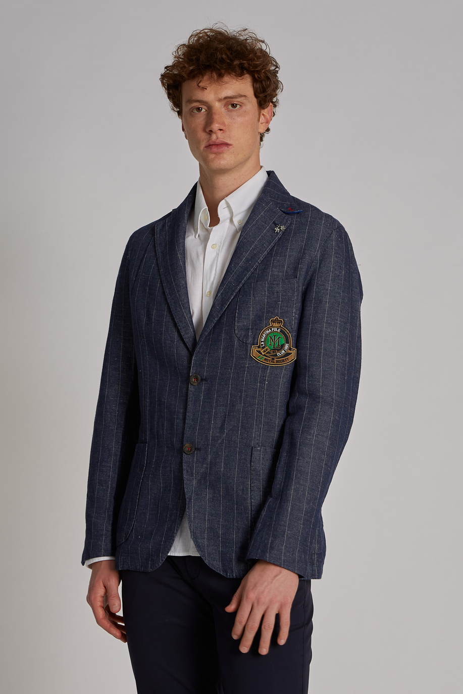 Veste homme style blazer en mélange de coton et lin coupe classique - Vestes | La Martina - Official Online Shop