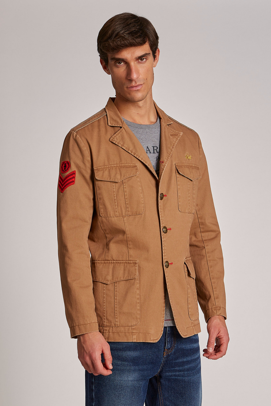 Men's regular-fit Saharan jacket in cotton and linen-blend fabric - Outerwear | La Martina - Official Online Shop