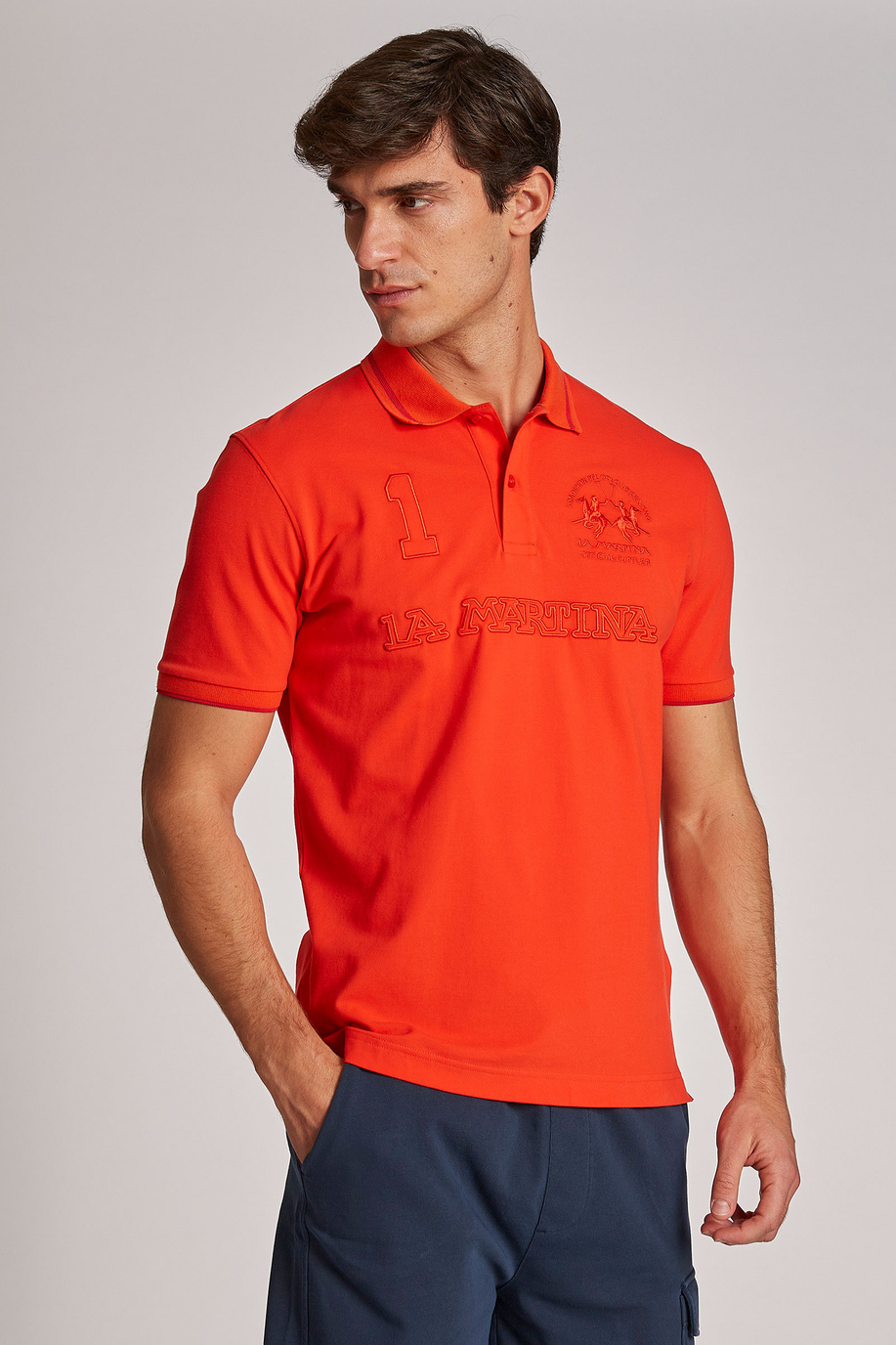 Herren-Poloshirt aus Stretch-Baumwolle mit kurzen Ärmeln im Regular Fit - -30% | step 3 | all | La Martina - Official Online Shop