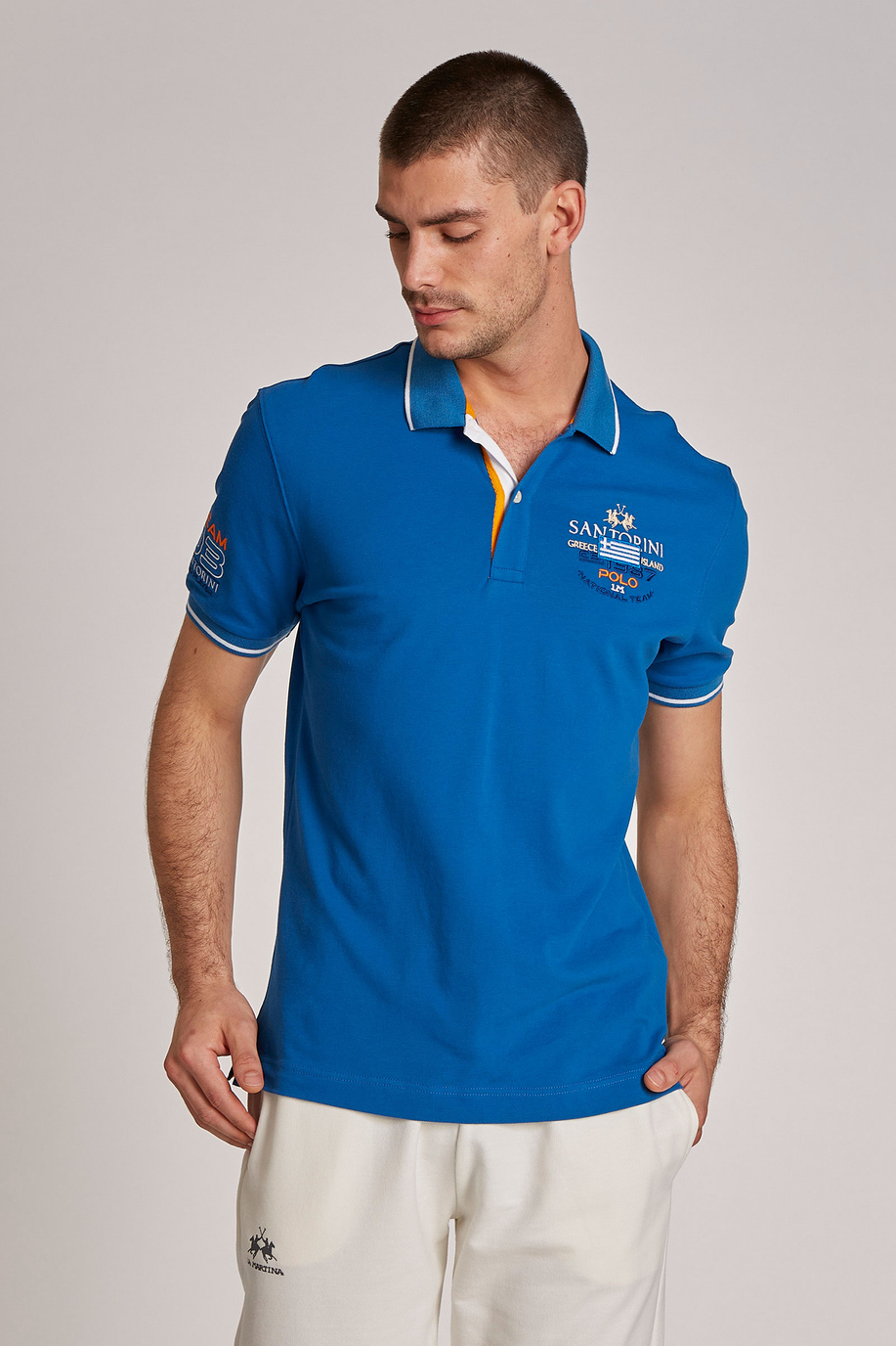 Herren-Poloshirt aus Stretch-Baumwolle mit kurzen Ärmeln im Regular Fit - -30% | step 3 | all | La Martina - Official Online Shop