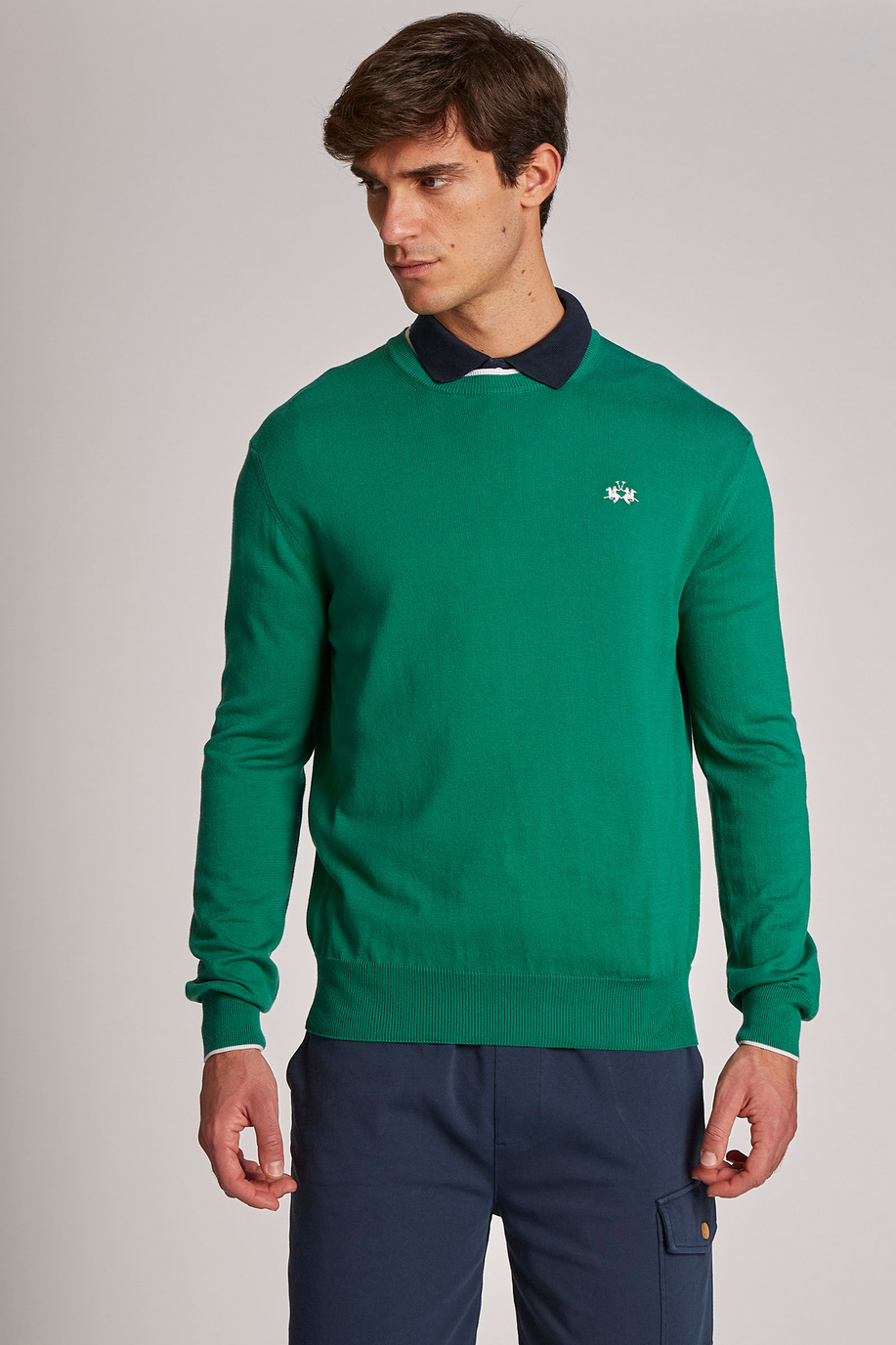 Men's long-sleeved regular-fit cotton crew-neck sweater - Knitwear | La Martina - Official Online Shop