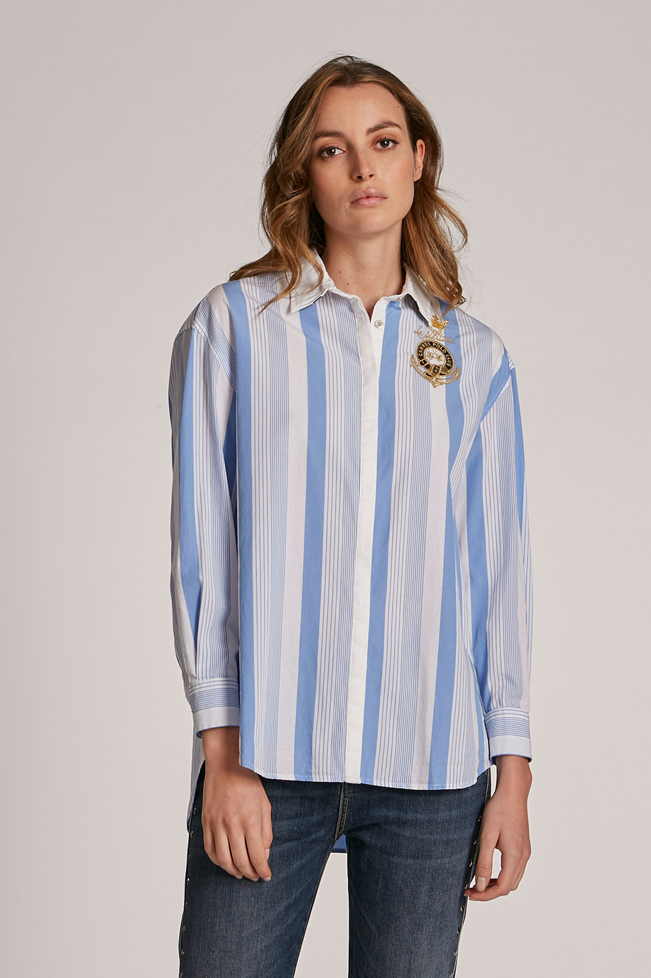 Women's plain-coloured regular-fit shirt in 100% cotton fabric - Preview | La Martina - Official Online Shop