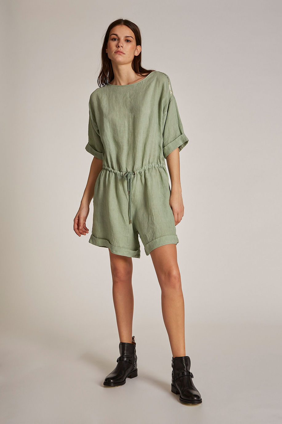 Women's short-sleeved regular-fit linen playsuit - Look | La Martina - Official Online Shop
