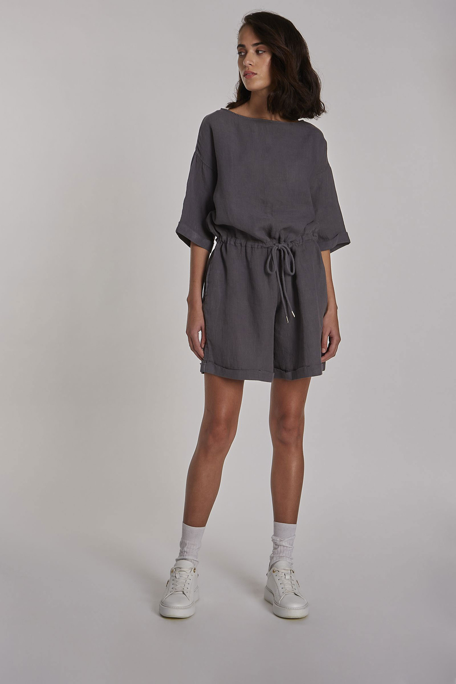 Combishort femme en lin à manches courtes coupe classique - Robes | La Martina - Official Online Shop