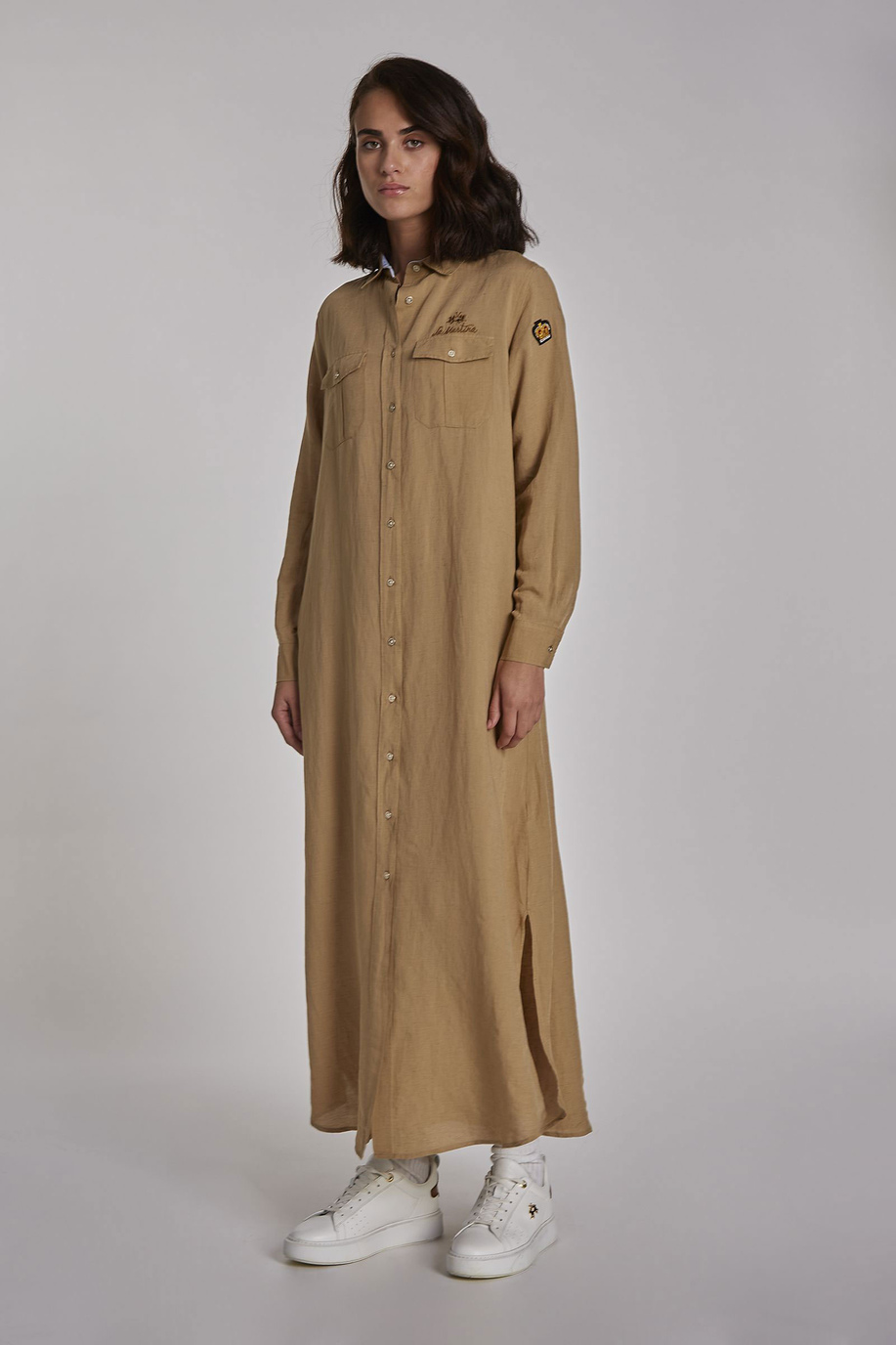 Vestido de mujer de largo midi de mezcla de viscosa y lino, corte regular - Vestidos | La Martina - Official Online Shop