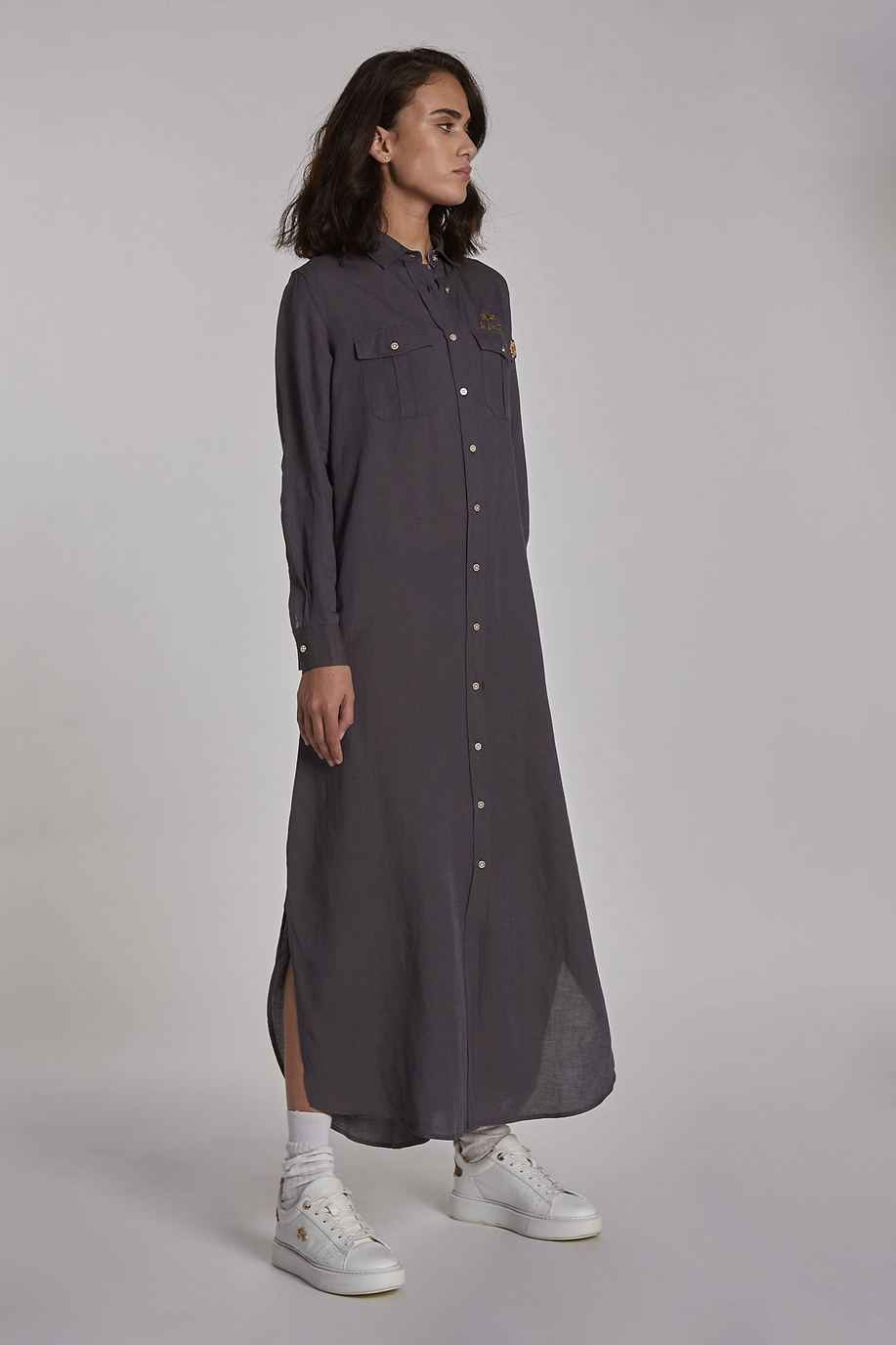 Vestido de mujer de largo midi de mezcla de viscosa y lino, corte regular - Inspiración | La Martina - Official Online Shop