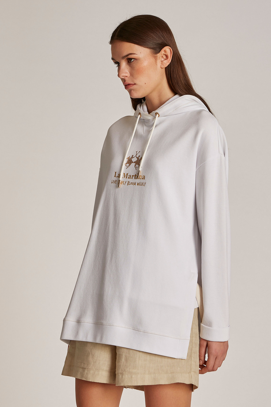 Women's regular-fit rhinestone logo-embellished cotton sweatshirt - Knitwear | La Martina - Official Online Shop
