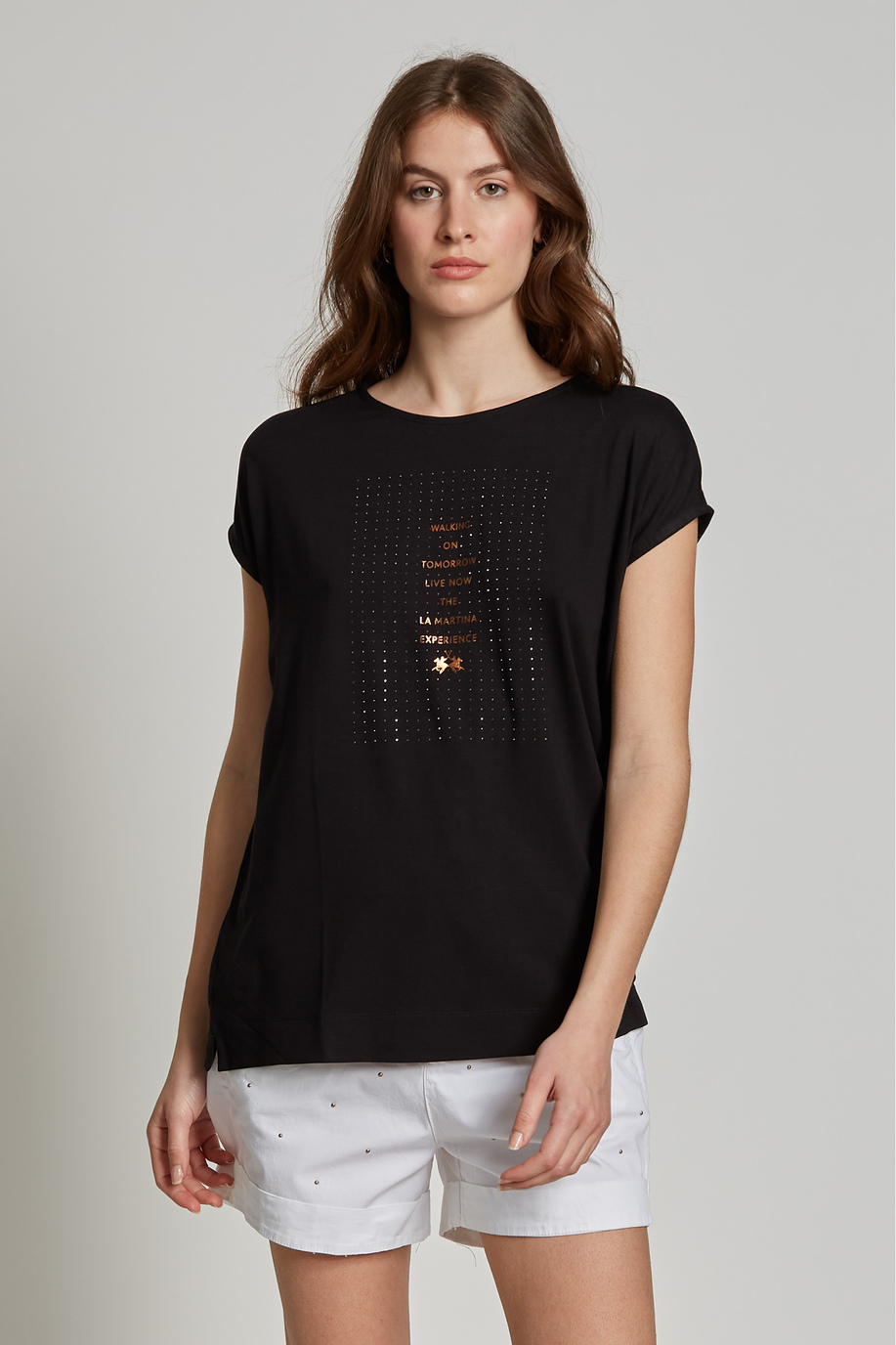 Camiseta de mujer de viscosa con logotipo, corte regular - Jet Set | La Martina - Official Online Shop