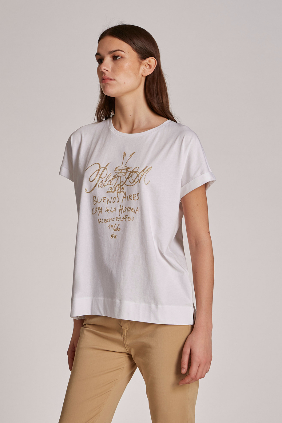 Camiseta de mujer de algodón 100 % con estampado del logotipo, corte regular - Preview | La Martina - Official Online Shop