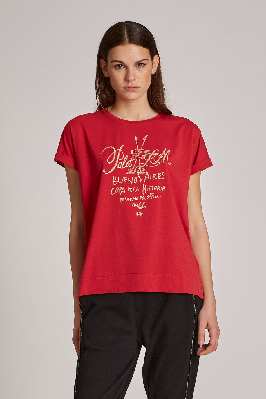 Camiseta de mujer de algodón 100 % con estampado del logotipo, corte regular | La Martina - Official Online Shop