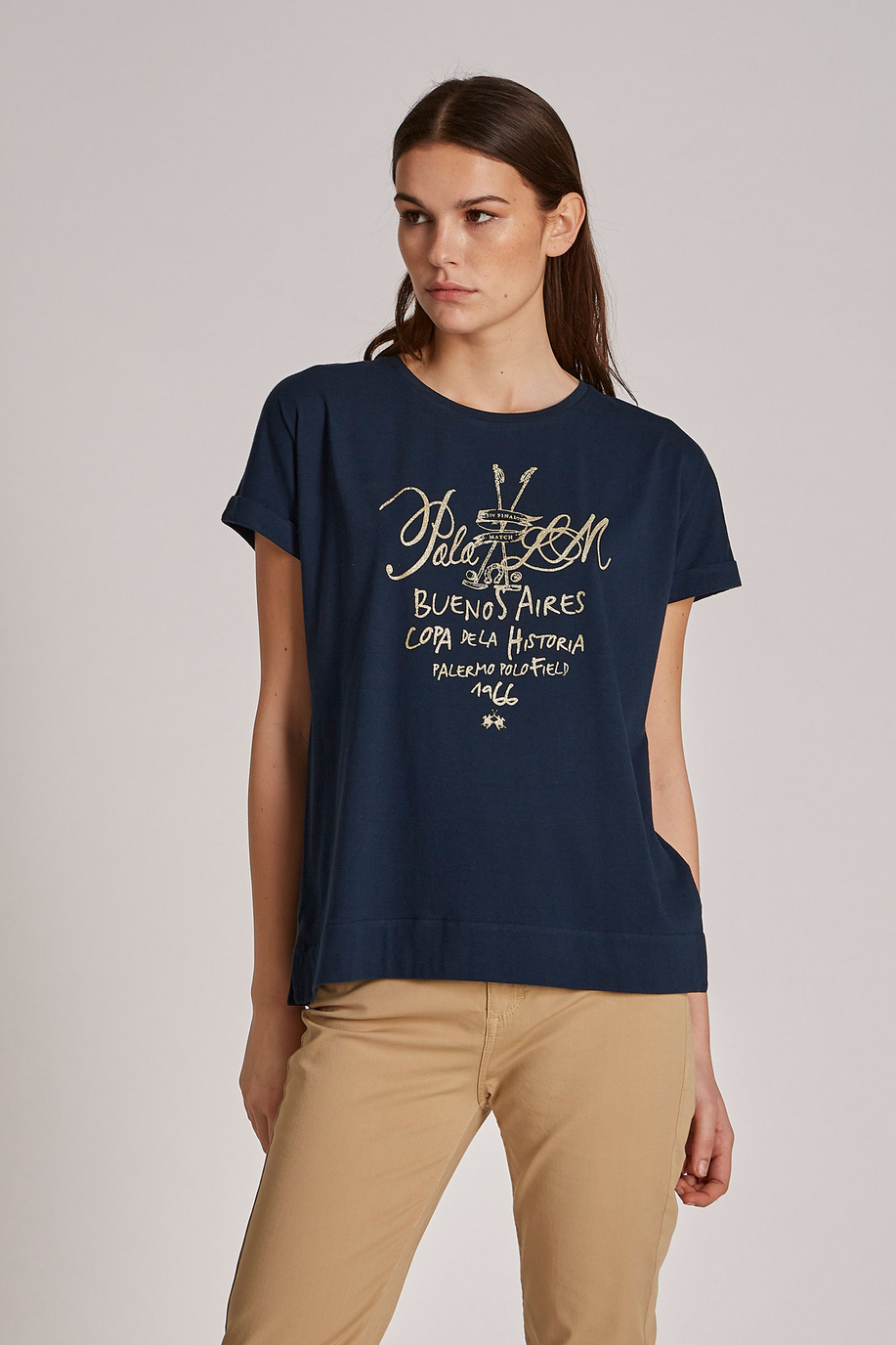 Camiseta de mujer de algodón 100 % con estampado del logotipo, corte regular - Mujer | La Martina - Official Online Shop
