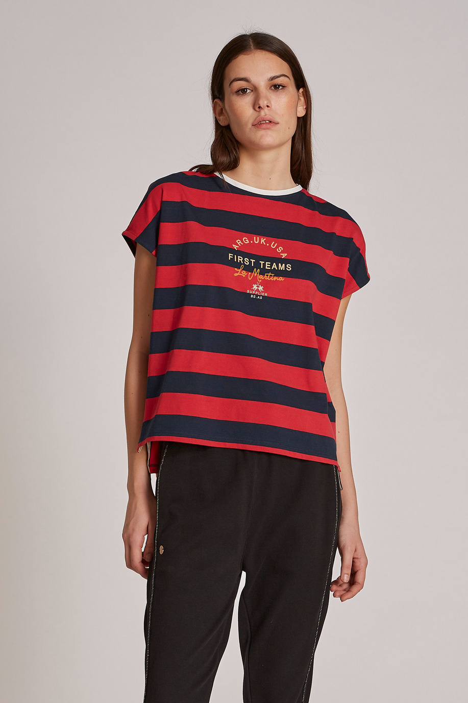 Women's regular-fit two-tone striped T-shirt in 100% cotton fabric | La Martina - Official Online Shop