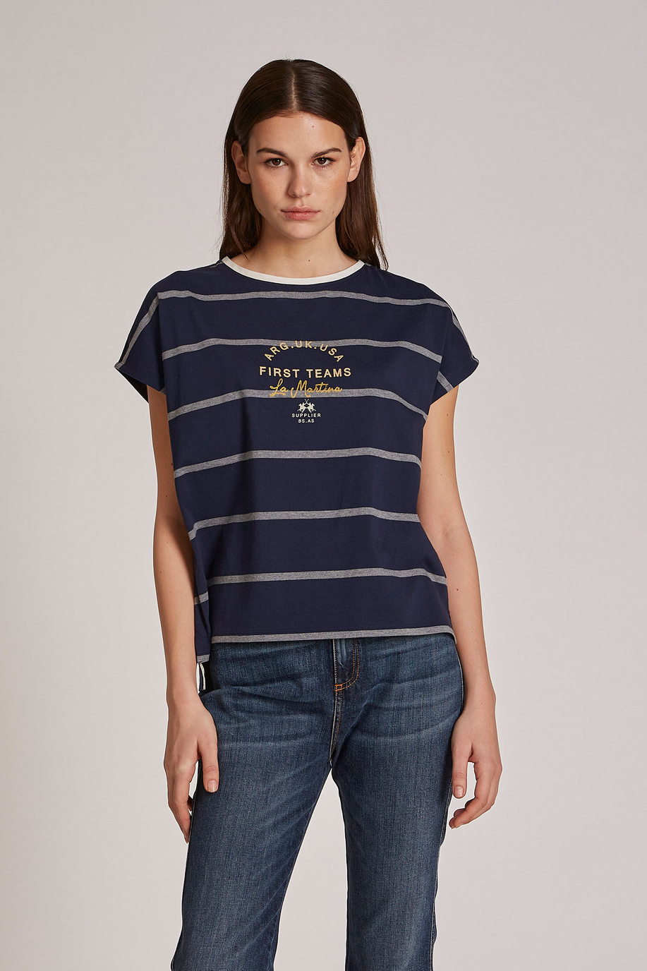 Camiseta de mujer de algodón 100 % a rayas bicolor, corte regular - Preview | La Martina - Official Online Shop