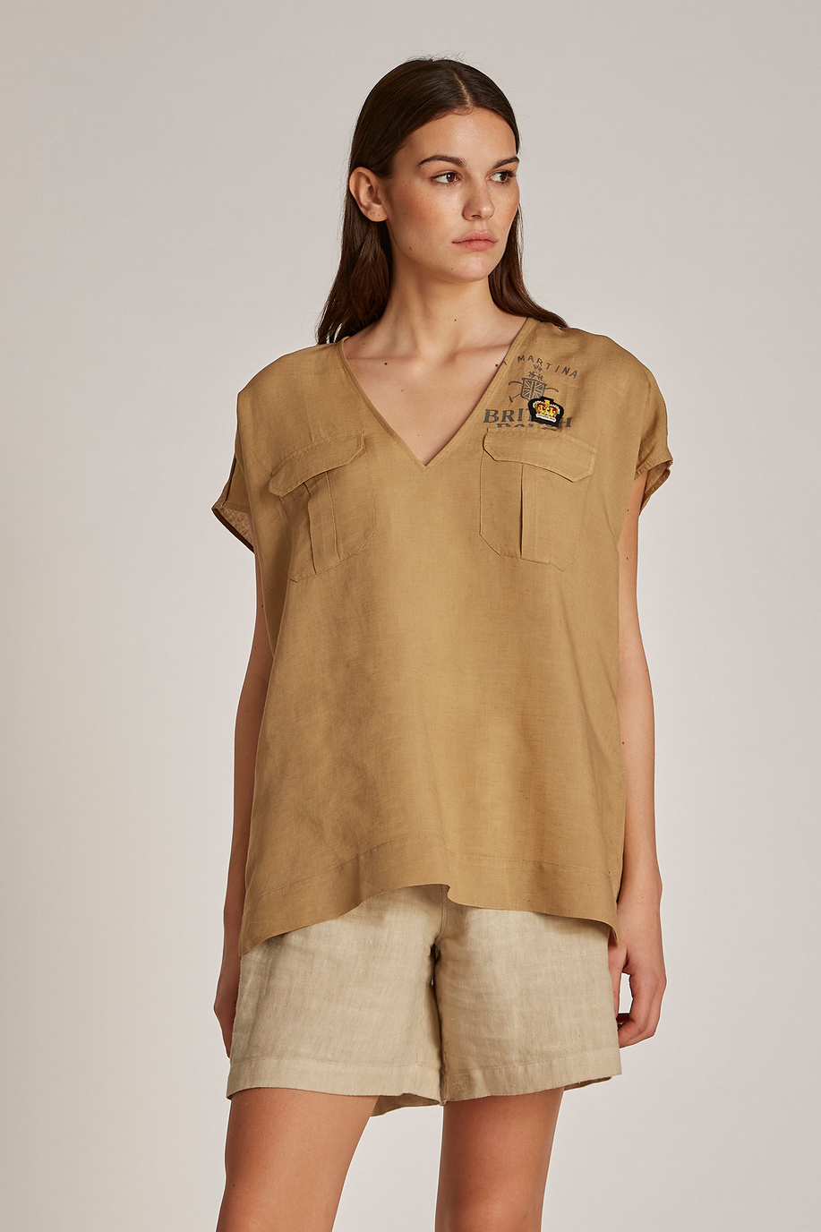 Blusa de mujer de mezcla de viscosa y lino, corte regular - Camisas | La Martina - Official Online Shop