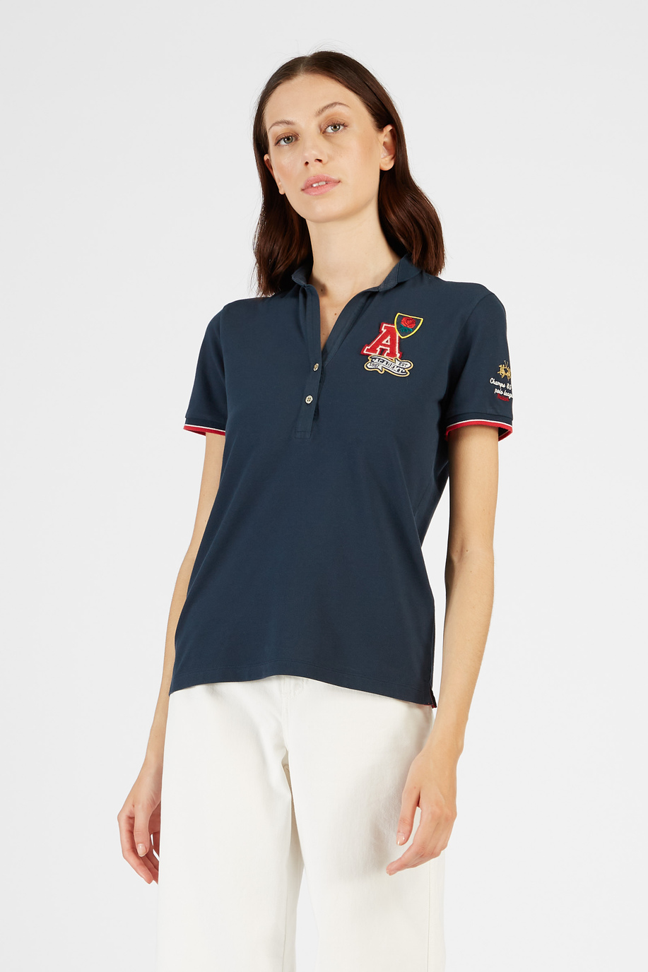 Women’s short-sleeved regular fit stretch cotton polo shirt - Preview | La Martina - Official Online Shop