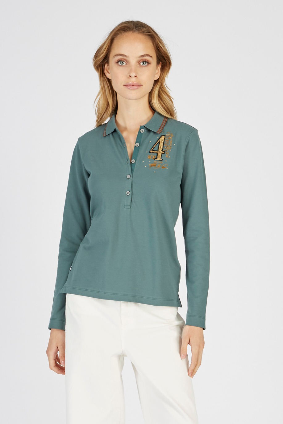 Langarm-Poloshirt Argentina aus elastischer Baumwolle in regulärer Passform für Damen - Preview | La Martina - Official Online Shop