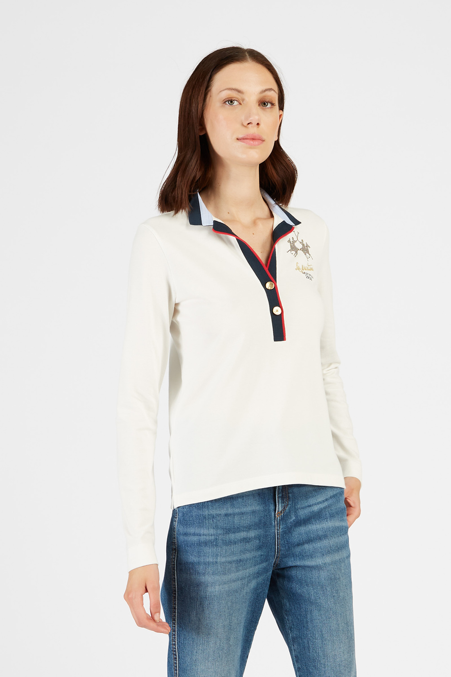 Women’s regular fit stretch cotton long sleeve polo shirt - Preview | La Martina - Official Online Shop