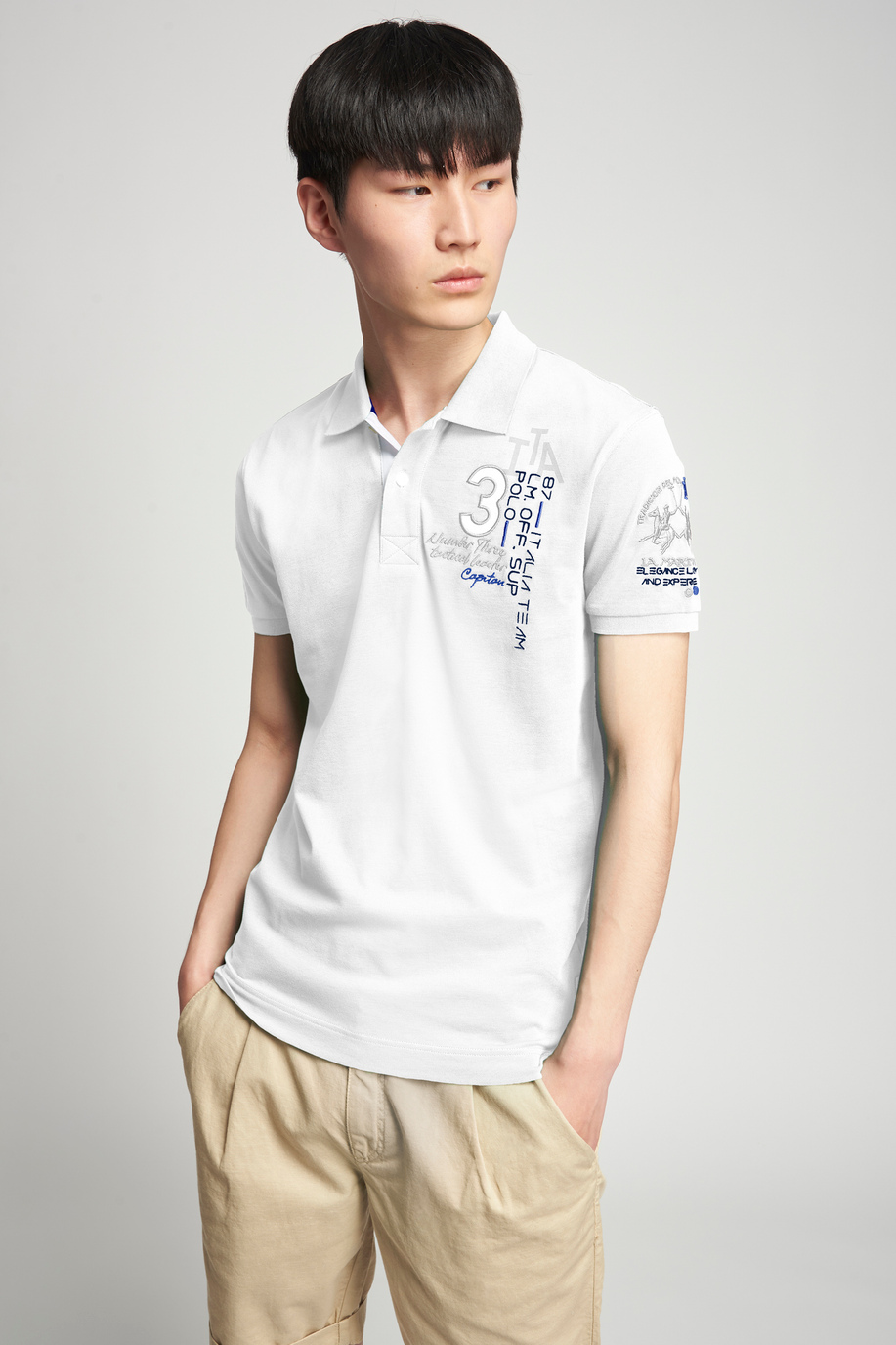 Herren-Poloshirt aus Stretch-Baumwolle mit kurzen Ärmeln im Slim Fit - Kleidung | La Martina - Official Online Shop