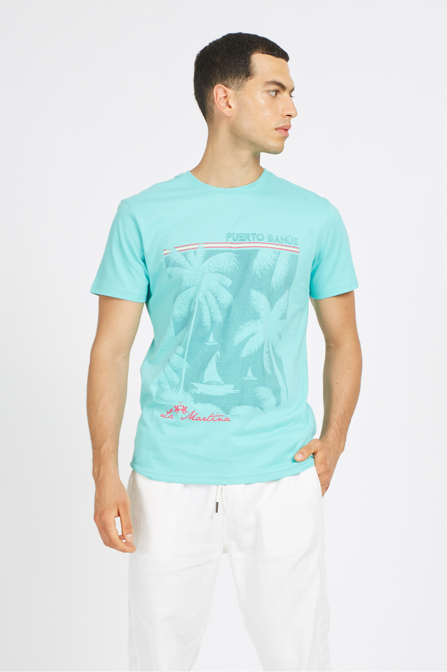 T-shirt da uomo in cotone tinta unita con stampa frontale - Summer Tour | La Martina - Official Online Shop