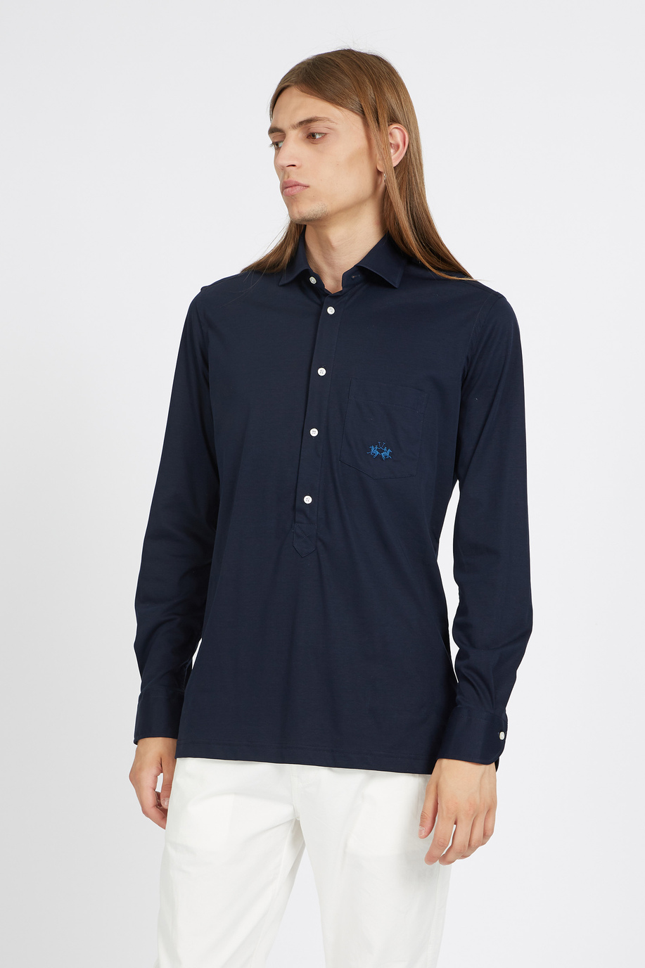 Camicia uomo in cotone jersey maniche lunghe custom fit - Varden - Manica lunga | La Martina - Official Online Shop