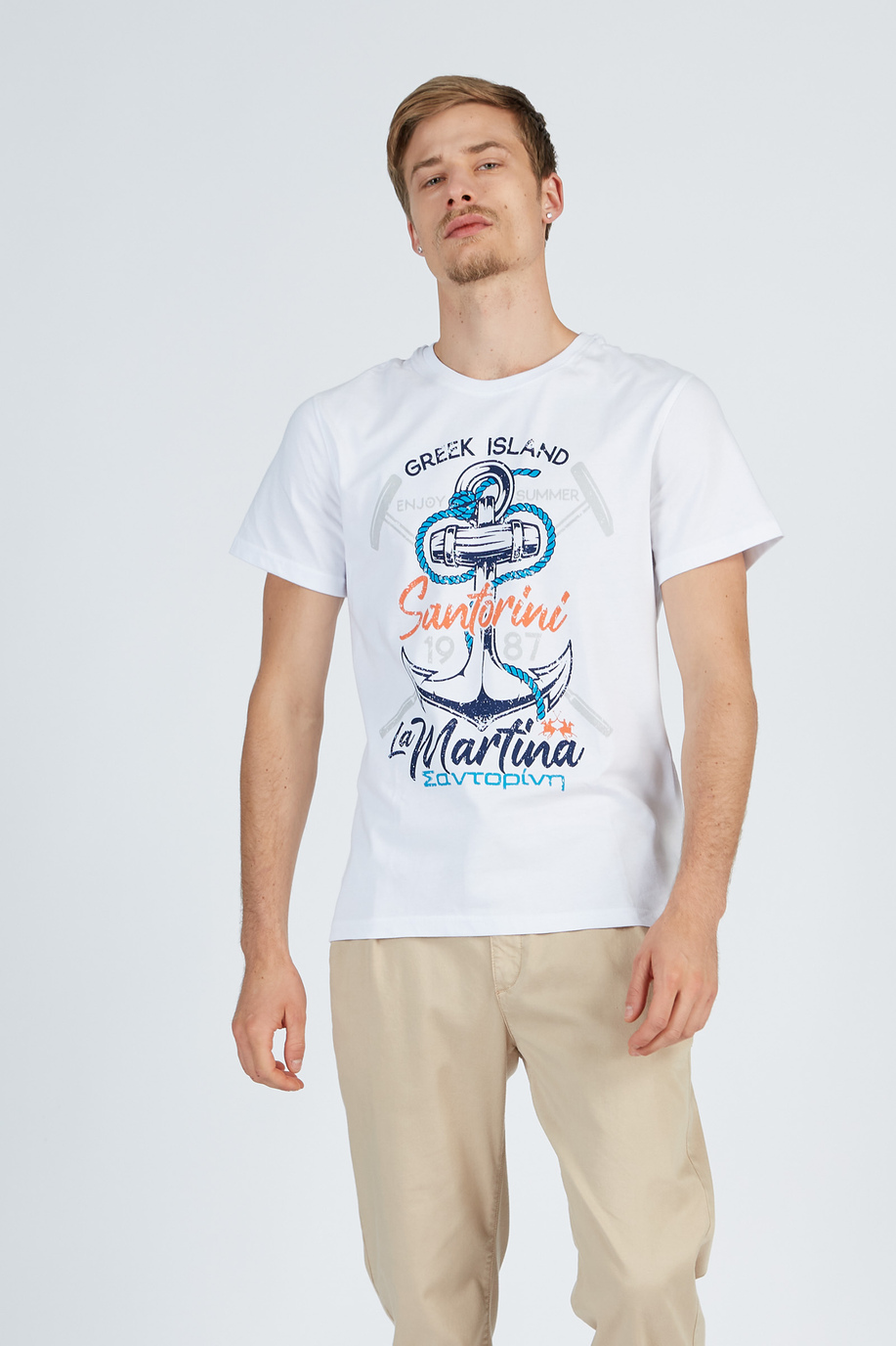 T-shirt en coton uni pour homme avec motif sur le devant - T-shirts | La Martina - Official Online Shop