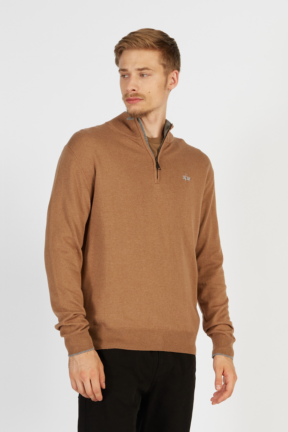 Pull tricot pour homme à manches longues en coton mélangé à la laine régulière avec col zippé - Tenues d'hiver pour lui | La Martina - Official Online Shop