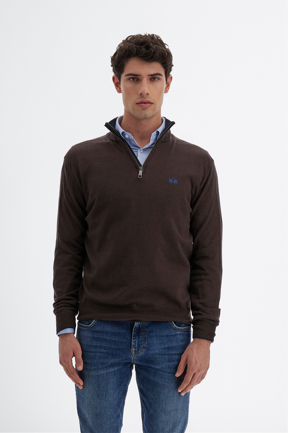 Pull tricot pour homme à manches longues en coton mélangé à la laine régulière avec col zippé - Pulls | La Martina - Official Online Shop