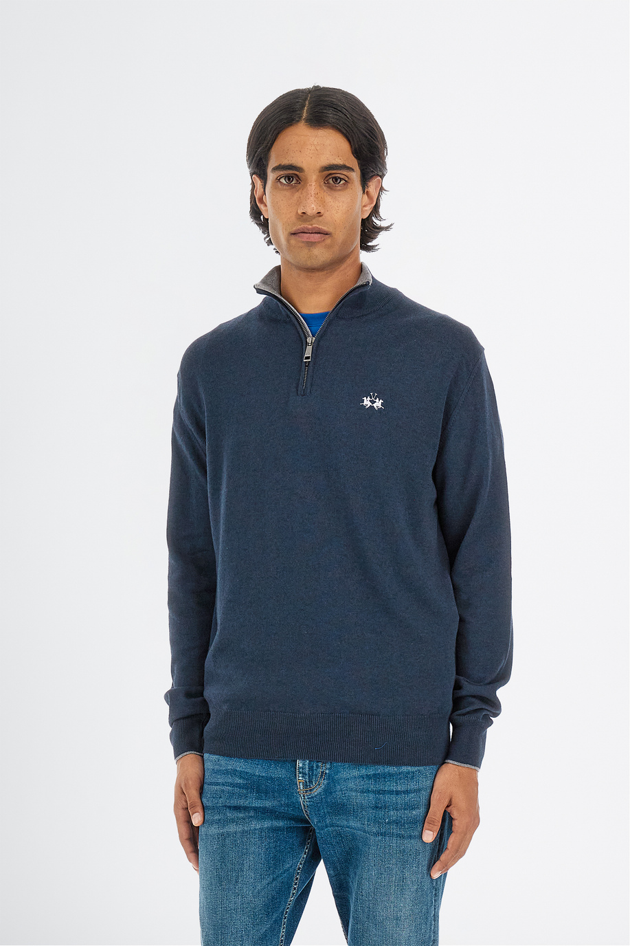 Pull tricot pour homme à manches longues en coton mélangé à la laine régulière avec col zippé - Pulls | La Martina - Official Online Shop