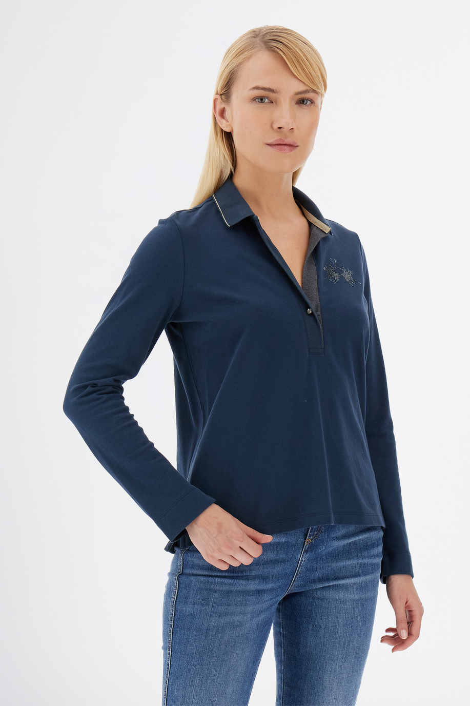 Women’s Timeless polo shirt with long sleeves in stretch cotton pique and regular fit - Polo Shirts | La Martina - Official Online Shop