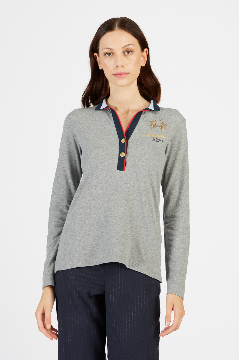 Polo femme à manches longues en coton stretch regular fit - Cadeaux avec monogramme pour elle | La Martina - Official Online Shop