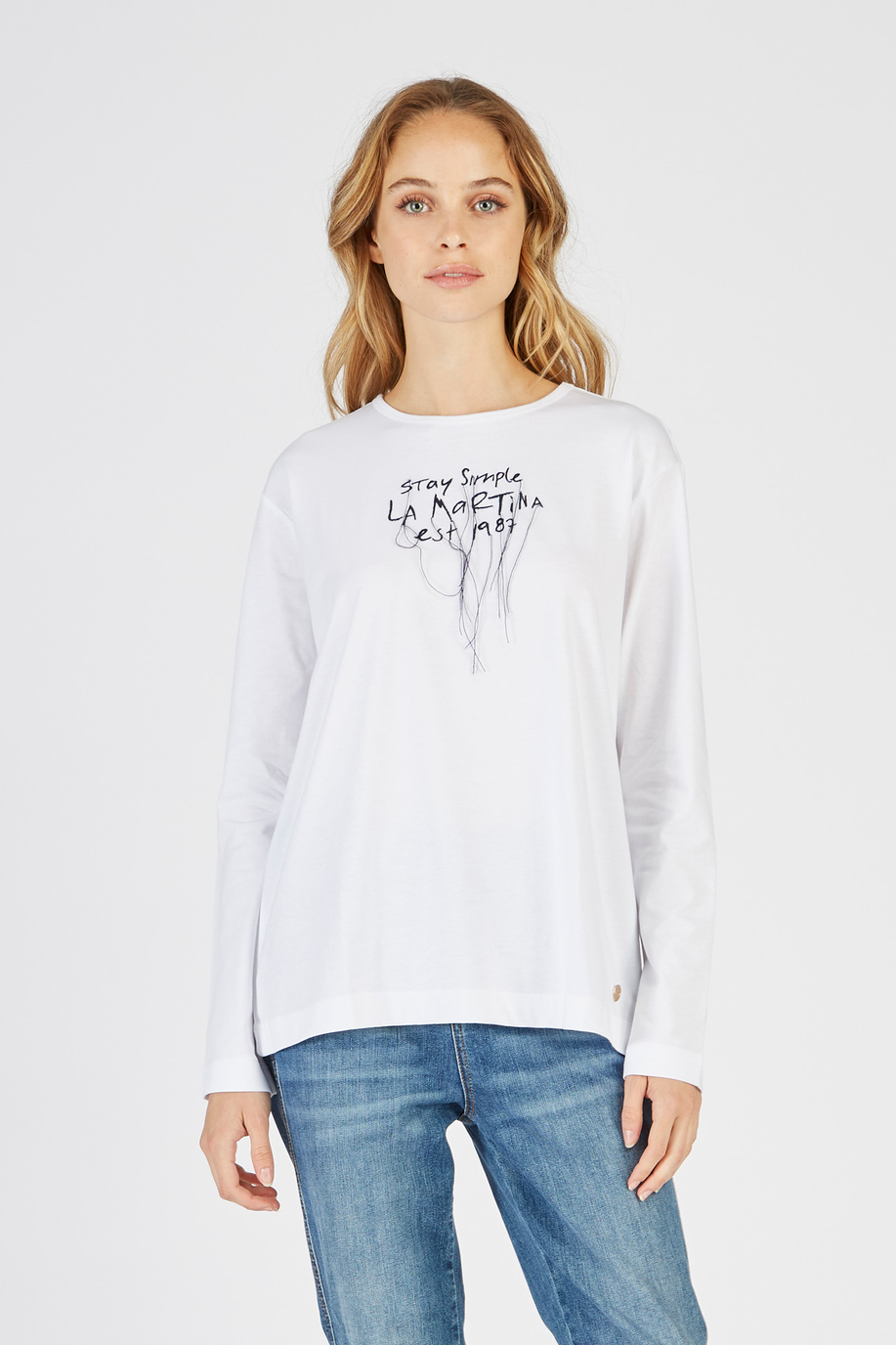 Damen-T-Shirt aus Baumwolle mit Rundhalsausschnitt und langen Ärmeln - Timeless | La Martina - Official Online Shop