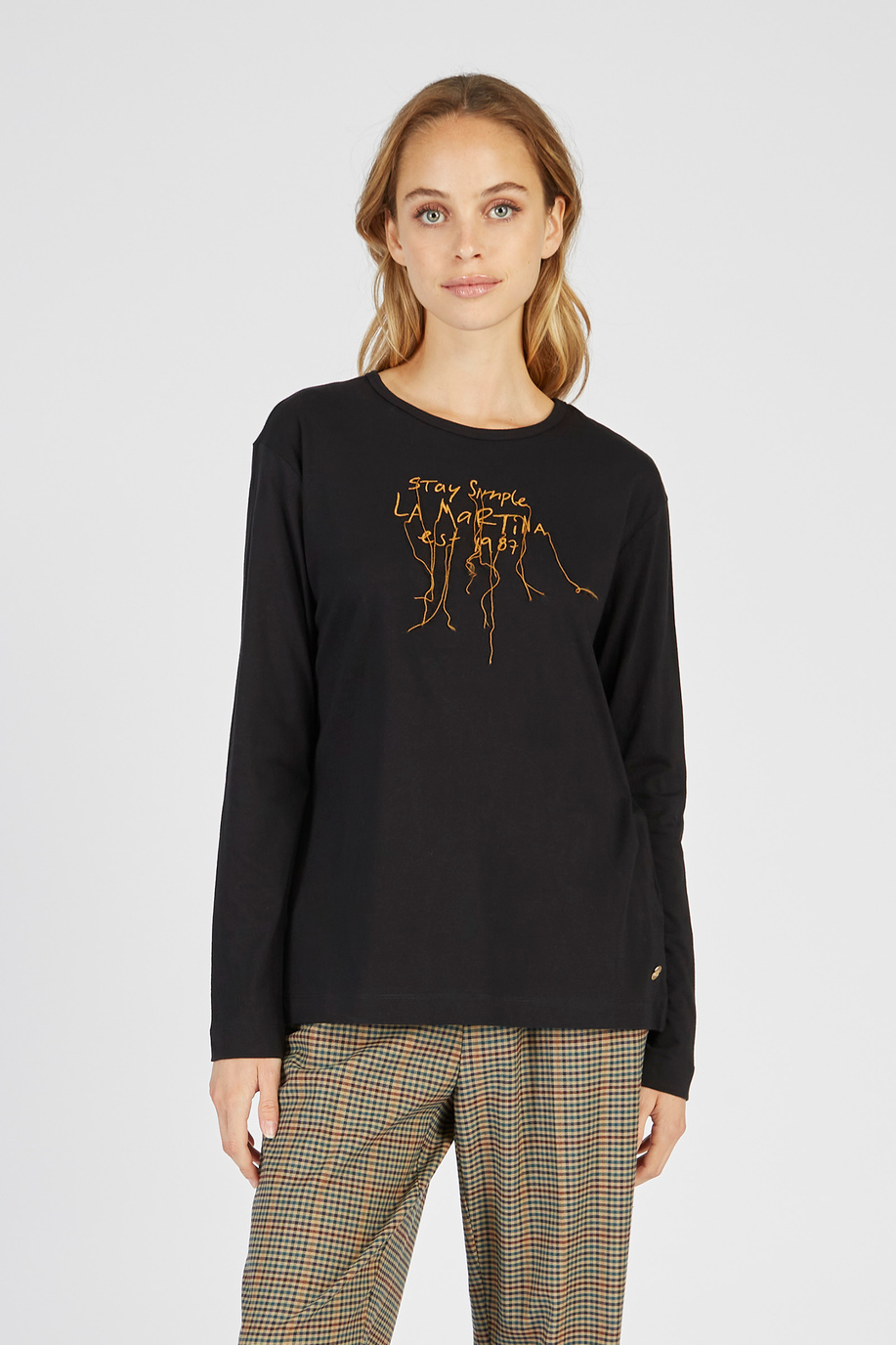 Damen-T-Shirt aus Baumwolle mit Rundhalsausschnitt und langen Ärmeln - -50% | archive | La Martina - Official Online Shop