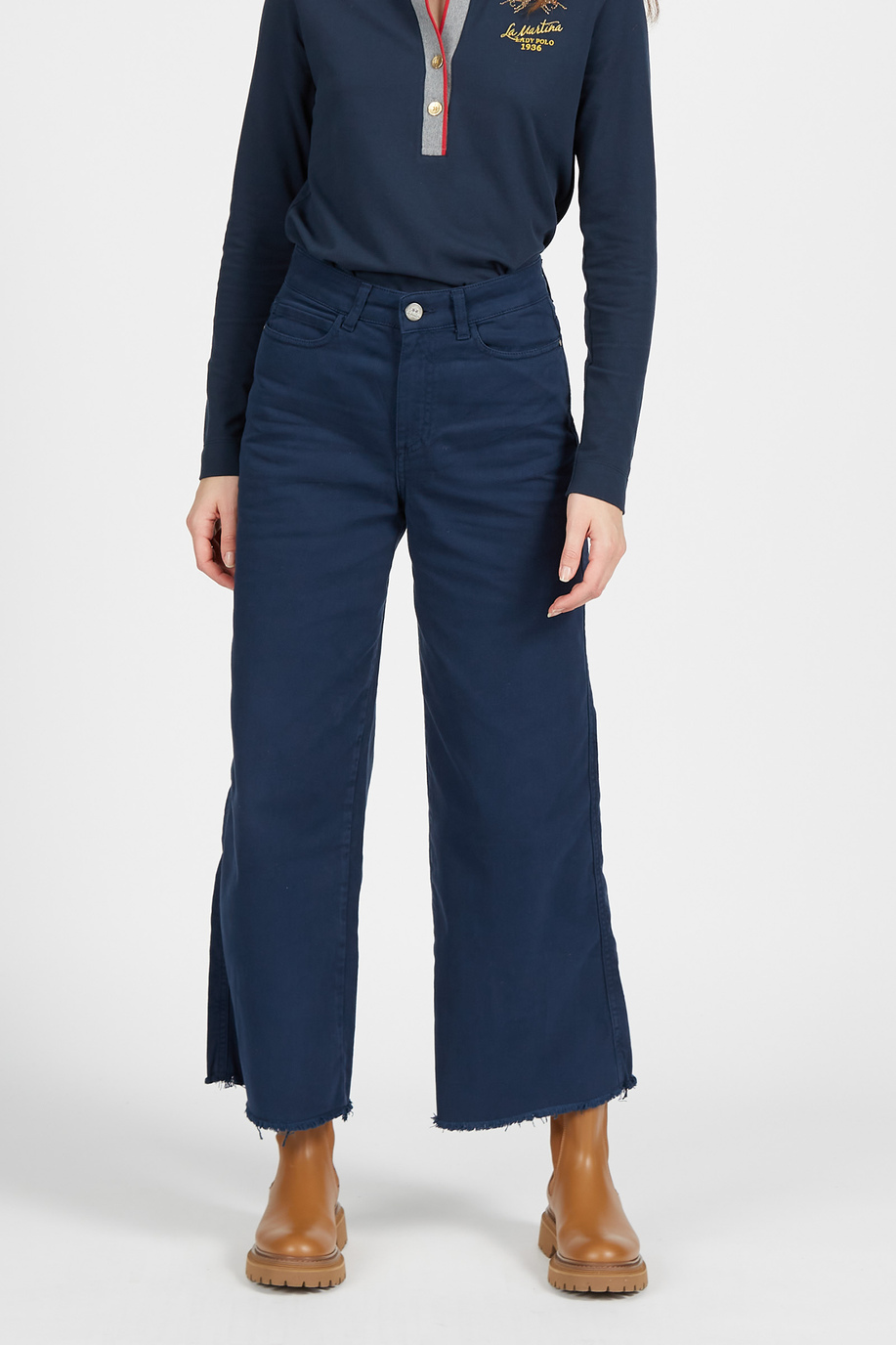 Pantalone largo da donna a vita alta in cotone elasticizzato regular fit - Pantaloni | La Martina - Official Online Shop