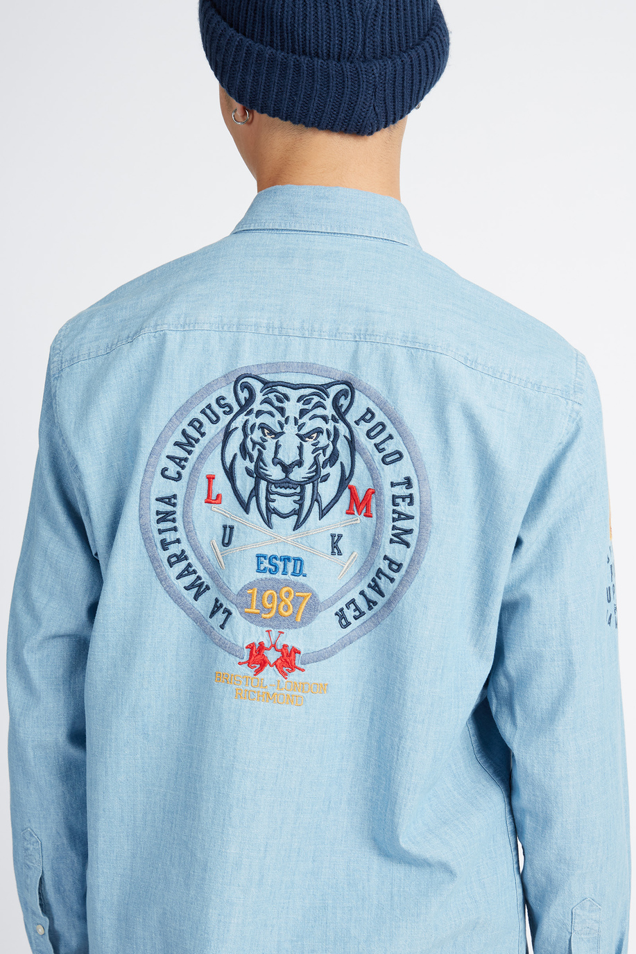 Men's long-sleeved capsule Polo Academy cotton denim shirt with large logo - Vali - Shirts | La Martina - Official Online Shop