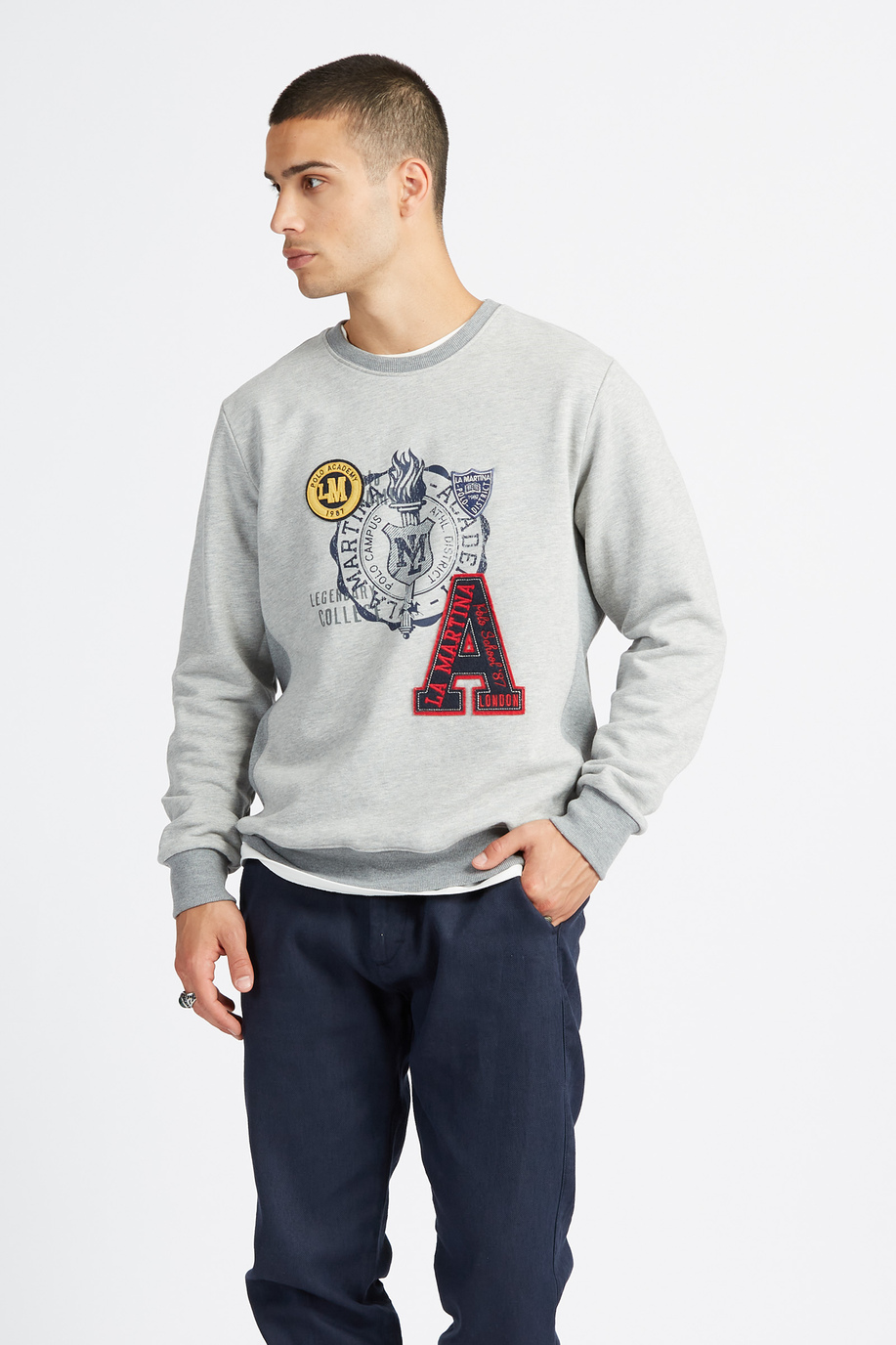 Polo Academy men's full zip crewneck sweatshirt mixed fabric big logo - Vander - Knitwear & Sweatshirts | La Martina - Official Online Shop