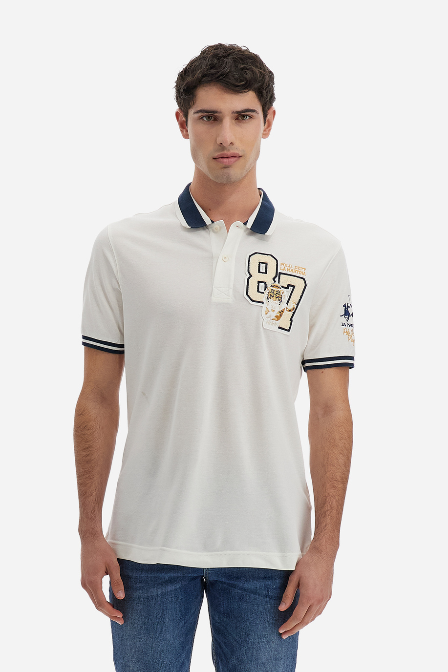 Men's short-sleeved polo shirt Polo Academy solid color mini logo and maxi patch - Vasco - Polo Shirts | La Martina - Official Online Shop