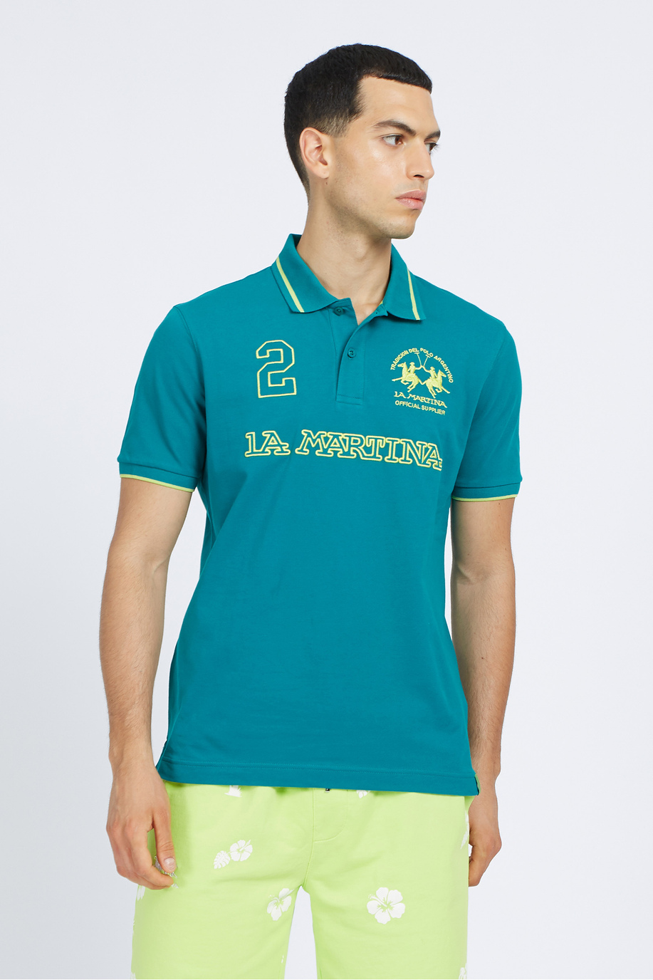 Men's short-sleeved polo shirt in regular fit stretch cotton - Rosano - Iconos - Numeros  | La Martina - Official Online Shop