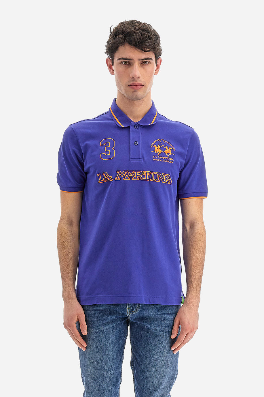 Men's short-sleeved polo shirt in regular fit stretch cotton - Rosano - Iconos - Numeros  | La Martina - Official Online Shop