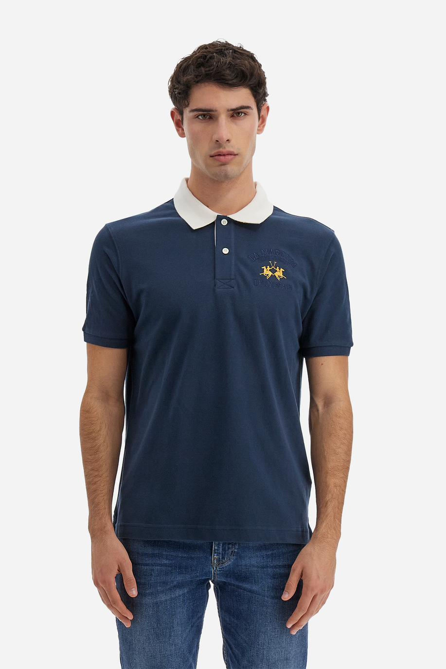 Polo Academy Herren-Kurzarm-Poloshirt mit Maxi-Patch in Volltonfarbe und kontrastierendem Kragen - Vedis - Poloshirts | La Martina - Official Online Shop