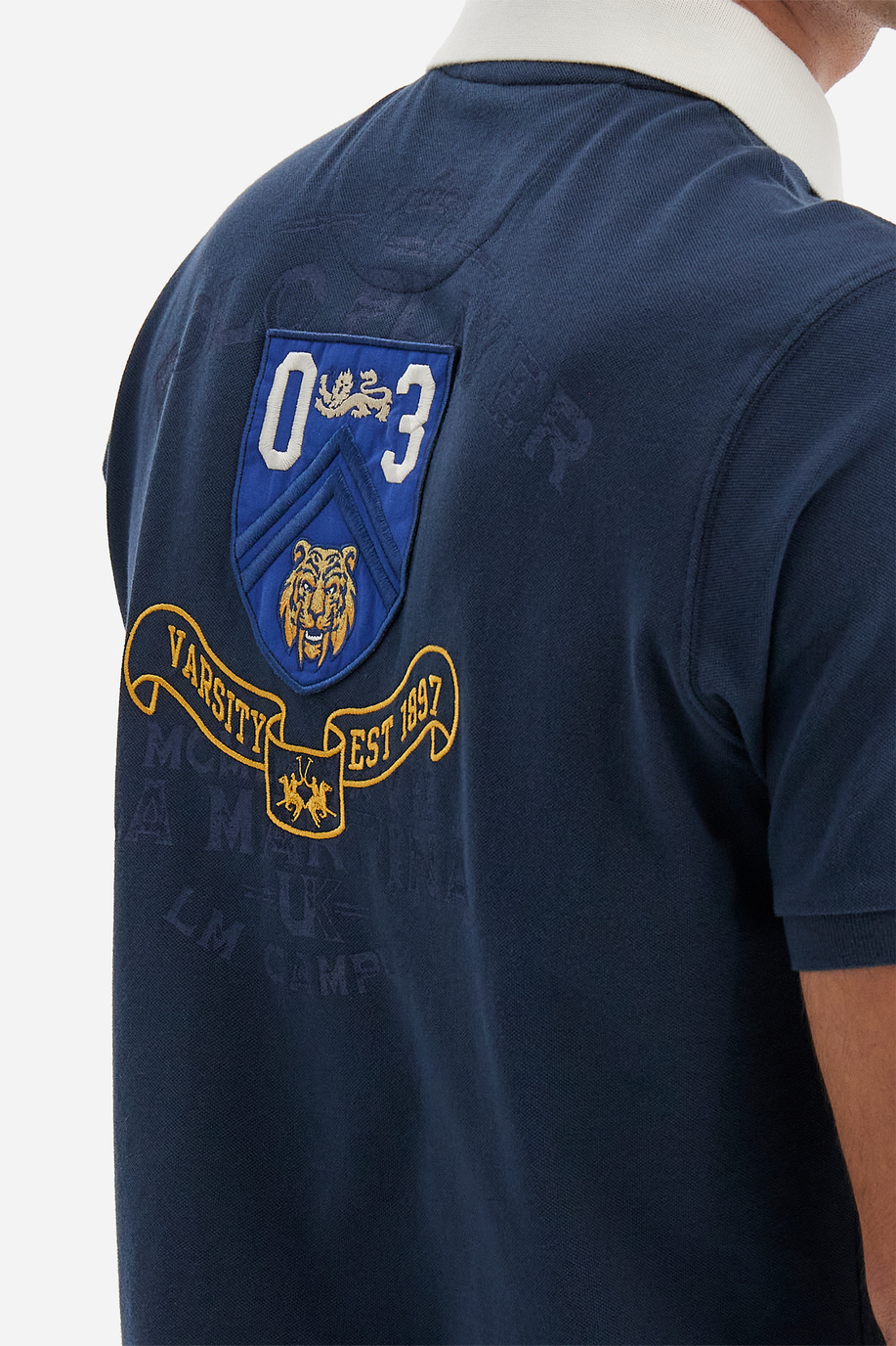Polo Academy Herren-Kurzarm-Poloshirt mit Maxi-Patch in Volltonfarbe und kontrastierendem Kragen - Vedis - Herren | La Martina - Official Online Shop