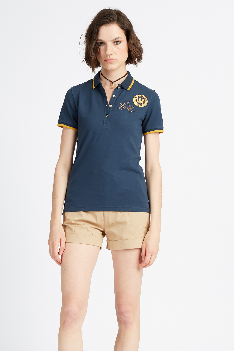 Short-sleeved women's polo shirt with sequined logo and Polo Academy patch - Varka | La Martina - Official Online Shop
